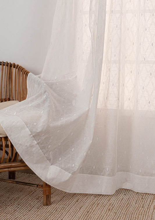 Haze Geometric pattern 100% cotton sheer Fabric - Light Filtering - White