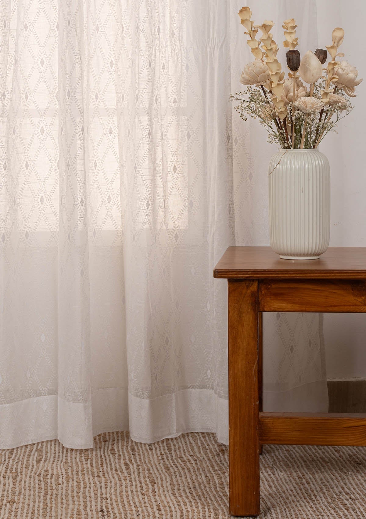 Haze Geometric pattern 100% cotton sheer Fabric - Light Filtering - White