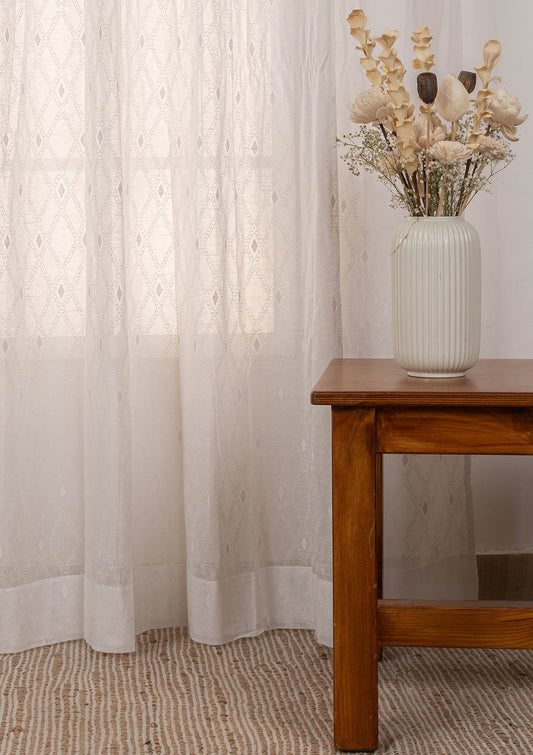 Haze Geometric pattern 100% cotton sheer Fabric - Light Filtering - White