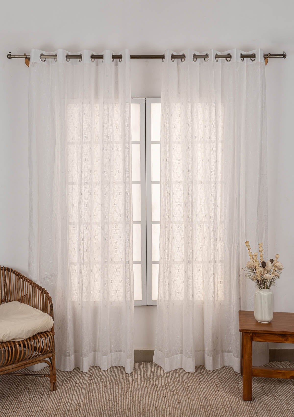 Haze Geometric pattern 100% cotton sheer Fabric - Light Filtering - White