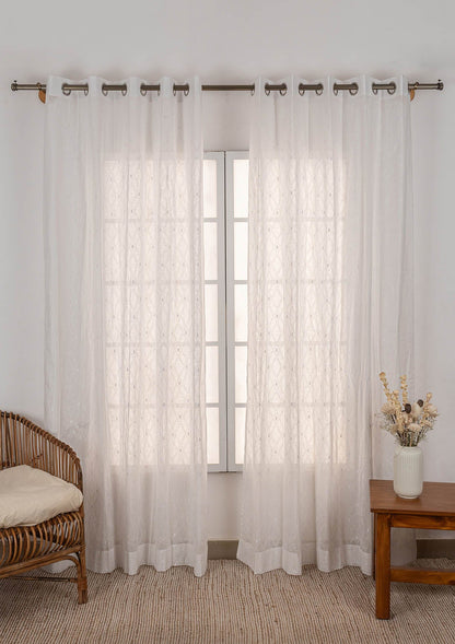 Haze Geometric pattern 100% cotton sheer Fabric - Light Filtering - White