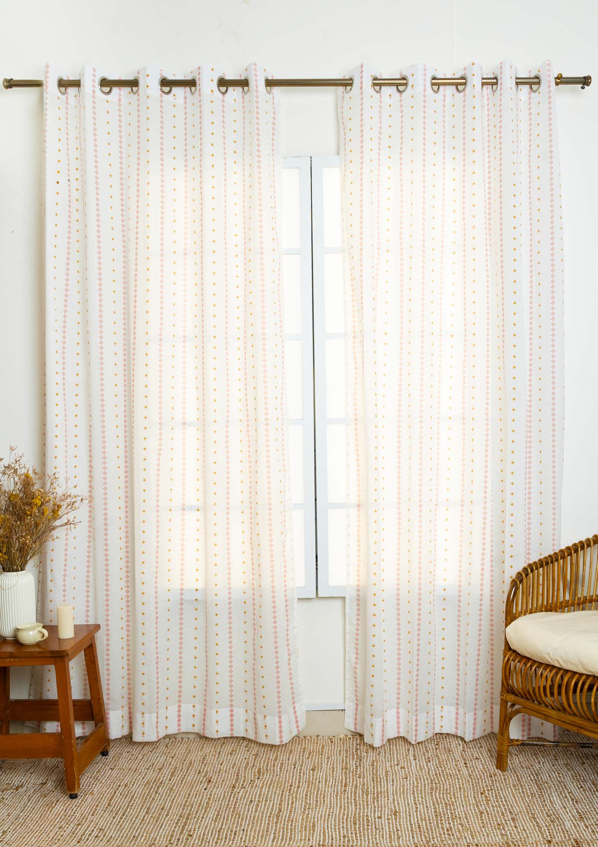Mallige geometric 100% cotton sheer Fabric for living room - Light filtering - Rust and Mustard