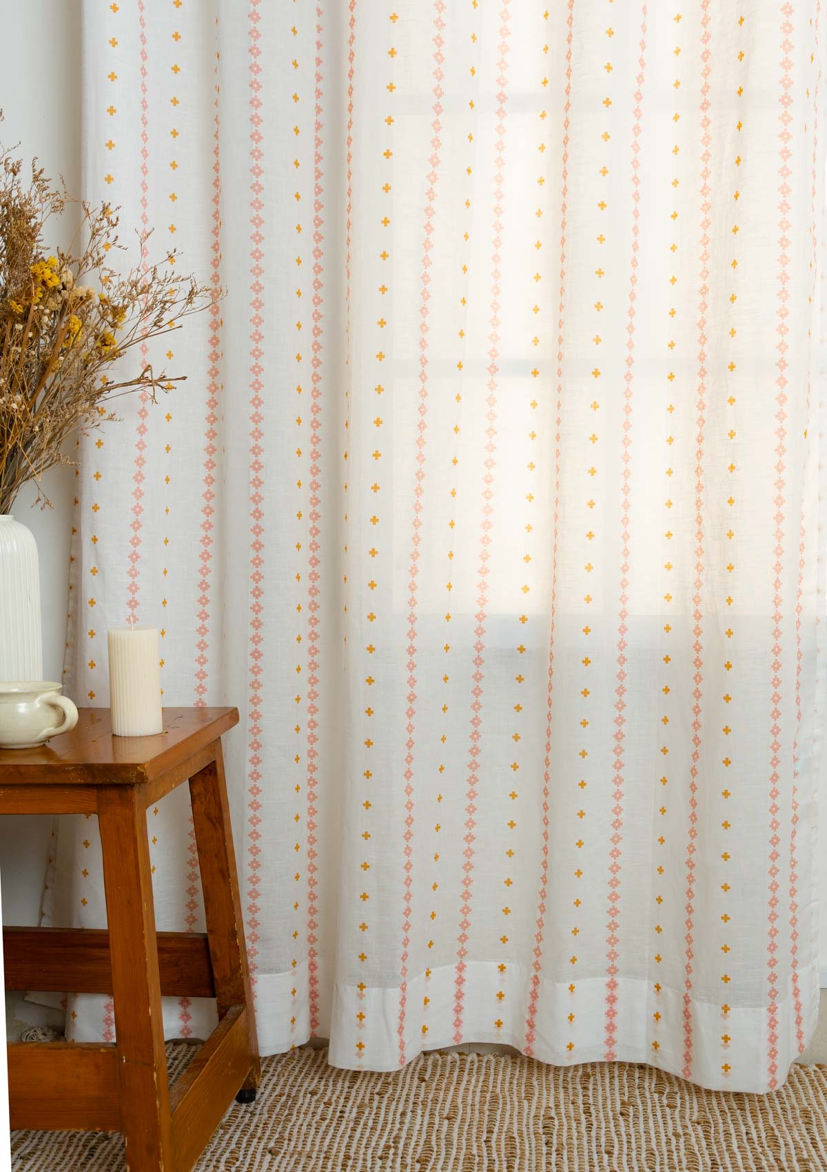 Mallige geometric 100% cotton sheer Fabric for living room - Light filtering - Rust and Mustard