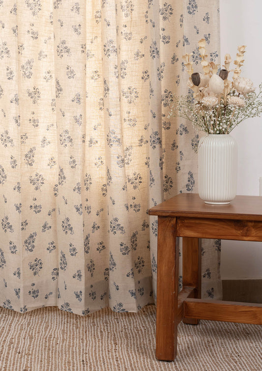 Whisper floral Linen blend cotton Fabric for living room - Room darkening - Blue