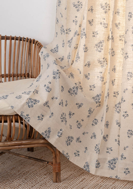 Whisper floral Linen blend cotton Fabric for living room - Room darkening - Blue