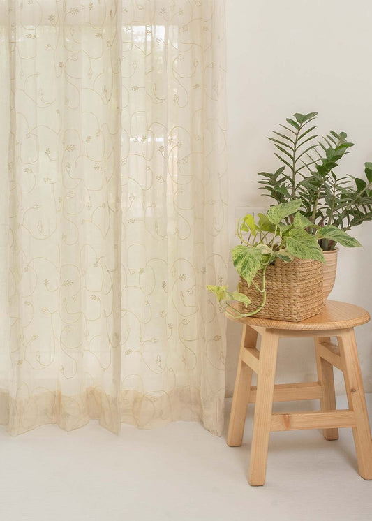 Ivy Vines Embroidered sheer cotton Fabric - Cream