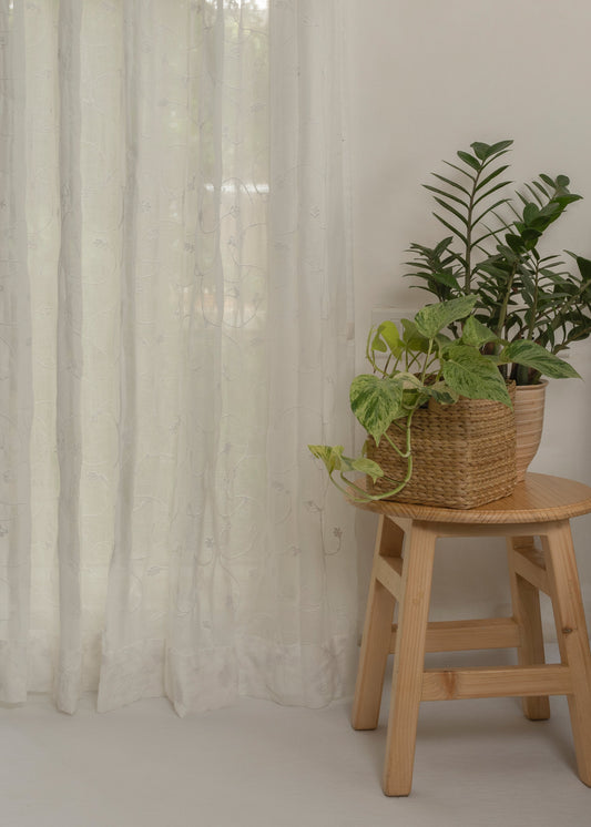 Ivy Vines Embroidered sheer cotton Fabric - White